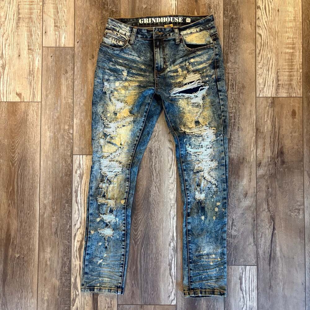 Grindhouse Denim Men’s Size 32 Acid Wash Distressed Paint Splatter Jeans